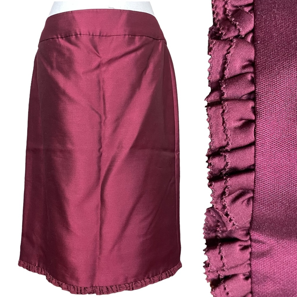 Silk Wool Pencil Skirt 10 Albert Nipon Burgundy Ruffle Hem Straight Knee Length